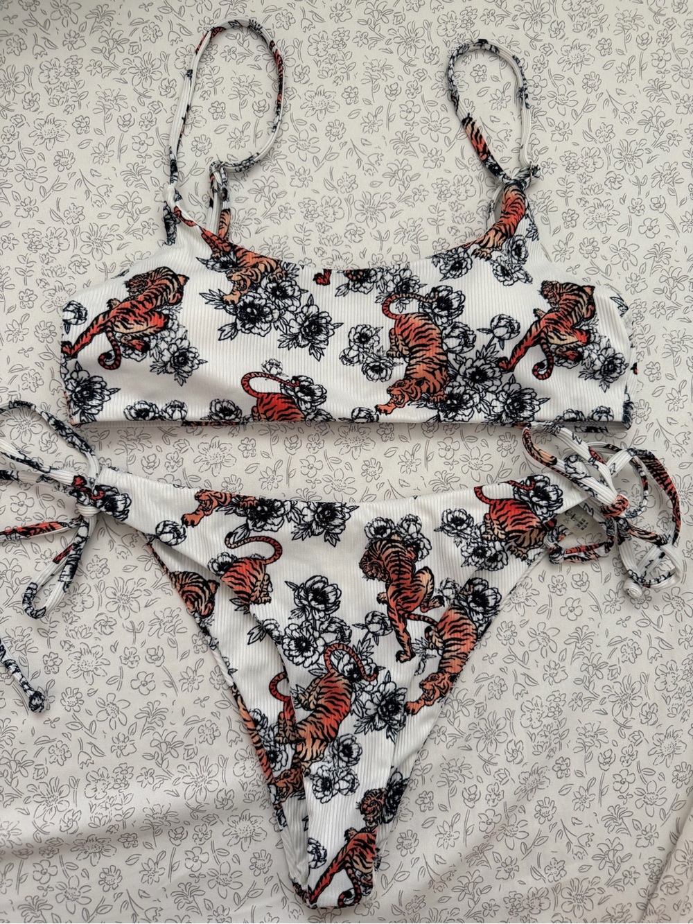 White Floral Tiger Print Bikini Set - Women's Swim